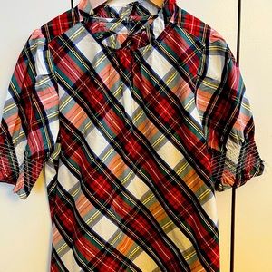 J Crew XS Christmas plaid short sleeve blouse never worn 100% cotton